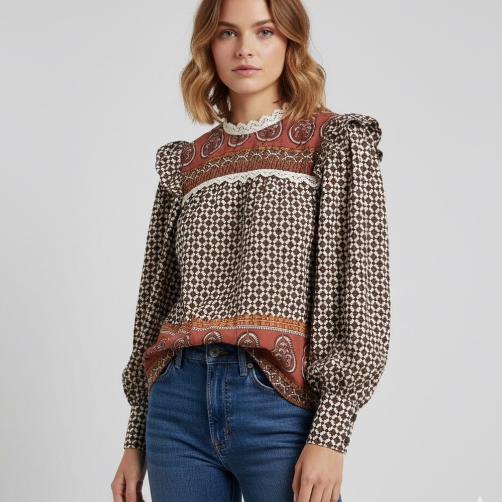 MINE Boho Blouse Women’s Size M Puff Sleeve Victorian Lace Trim Floral P…